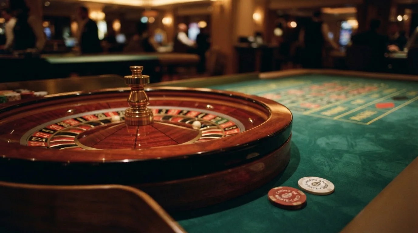 Rulettipyörä ja pelimerkit vihreällä huovalla lämpimässä iltavalossa — casino ventti