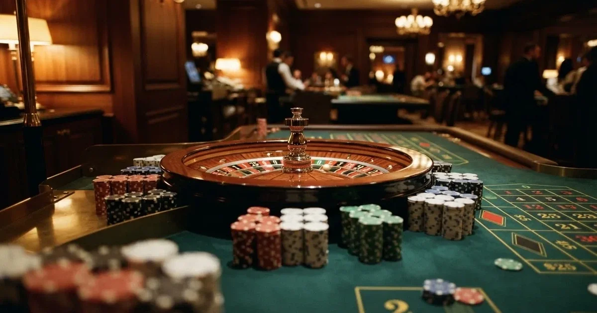 Rulettipyörä ja pelimerkit vihreällä huovalla lämpimässä iltavalossa — heti voitot casino