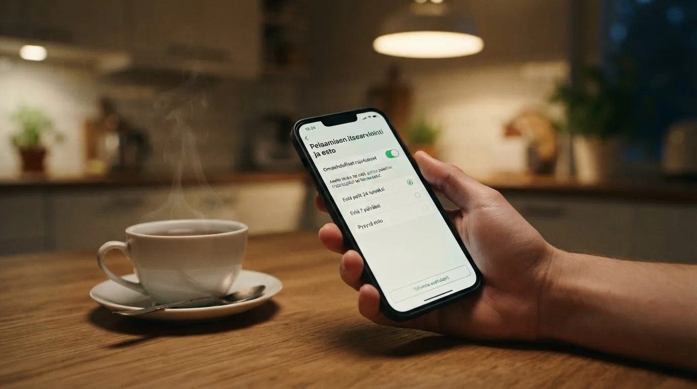 Käsi pitää puhelinta teekupin vieressä keittiön pöydän ääressä rauhallisena iltana — kaikki suomalaiset nettikasinot