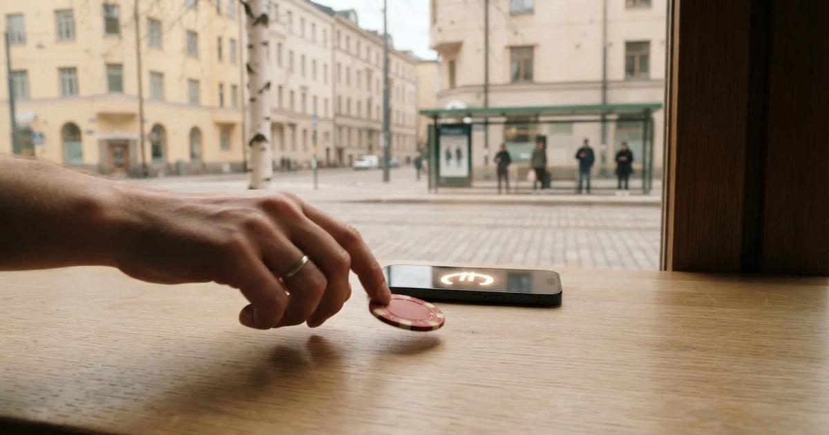 Käsi asettaa pankkikortin maksupäätteen lähelle kahvilan pöydällä, taustalla pehmeästi sumentunut kaupunkimaisema.
