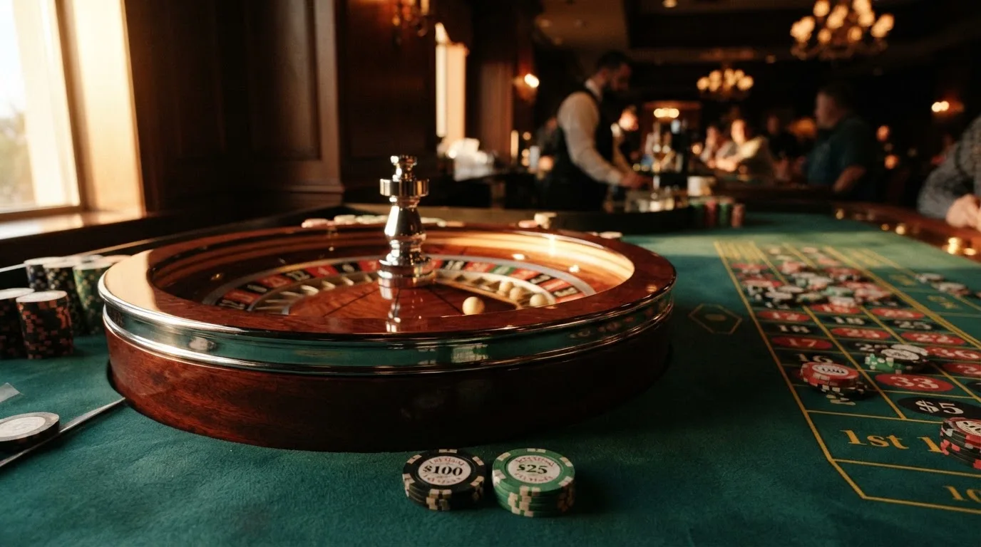 Rulettipyörä ja pelimerkit vihreällä huovalla lämpimässä iltavalossa — kolikkopelit casino pelit