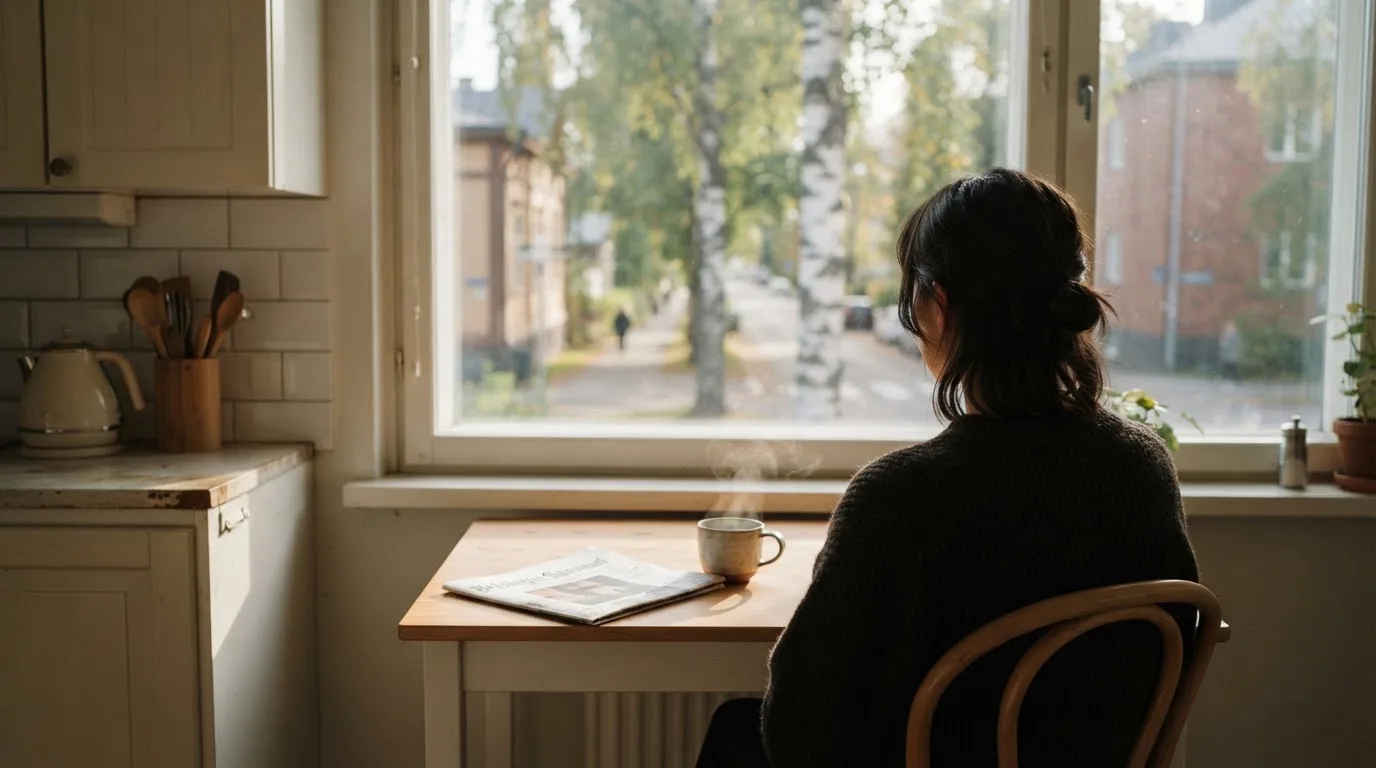 Henkilö istuu keittiön pöydän ääressä teekupin kanssa katsoen ulos ikkunasta rauhallisesti.