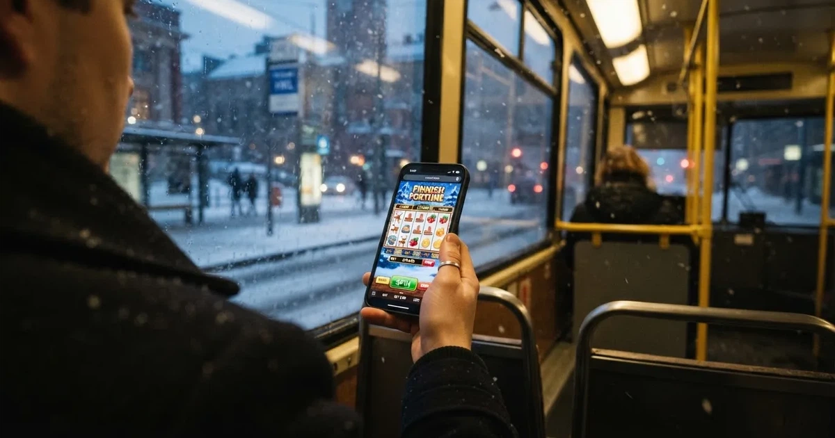 Puhelin kädessä Helsingin raitiovaunussa talvi-iltana — mobiilikasino puhelimessa