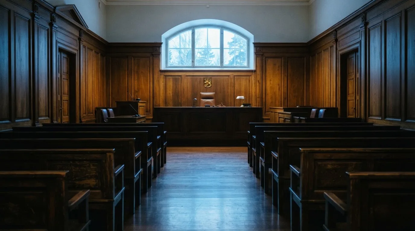 Tyhjä oikeussali puupaneeleineen aamuvalossa — mobiilikasino puhelimessa