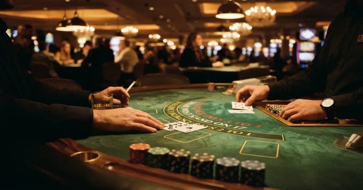 Blackjack-pöytä kasinosalissa, kortit levitettynä pöydälle ja pelimerkit pinottuna reunalle pehmeässä valaistuksessa.