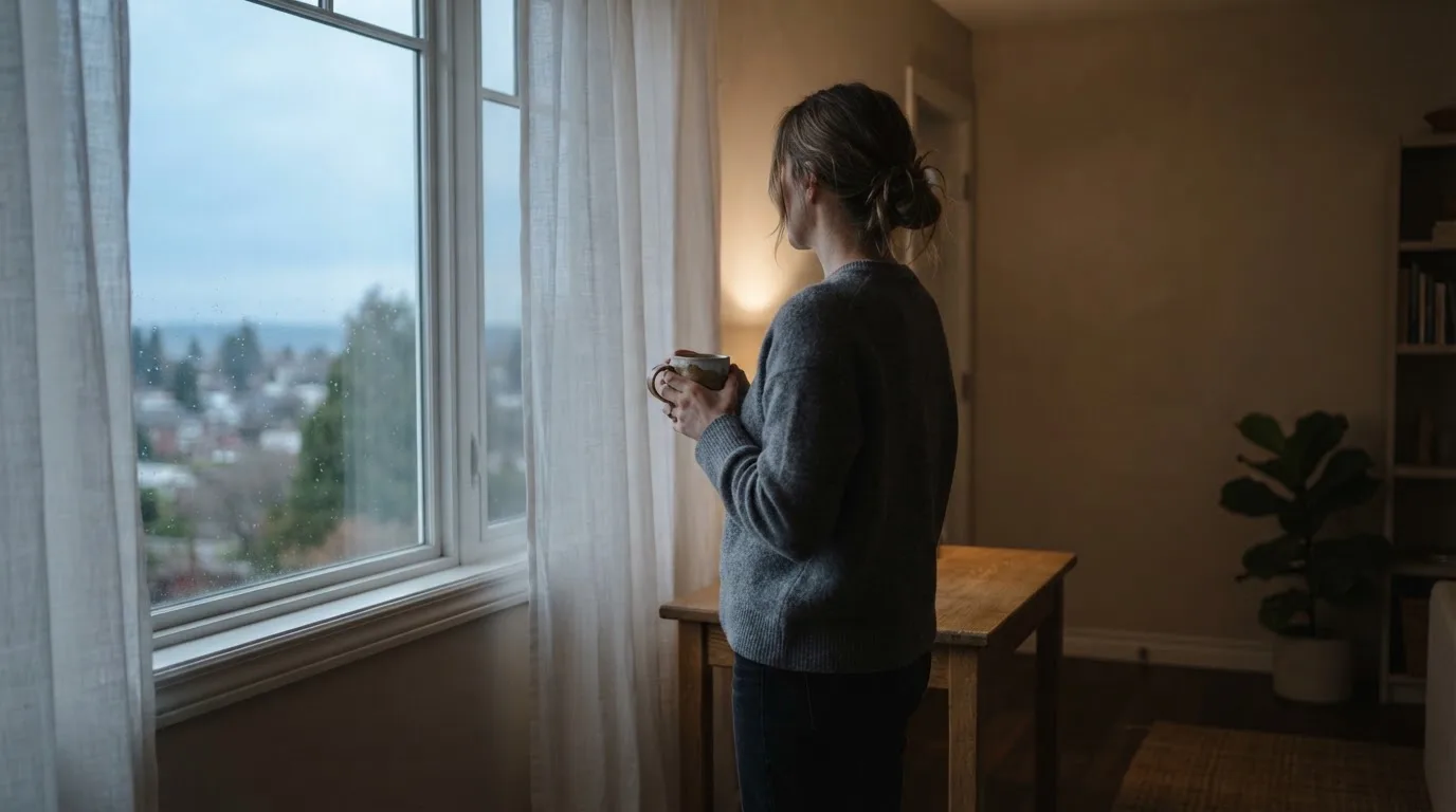 Henkilö katsoo ulos ikkunasta aamuvalossa, kädessä lämmin kahvikupti, huone rauhallinen ja hiljainen.